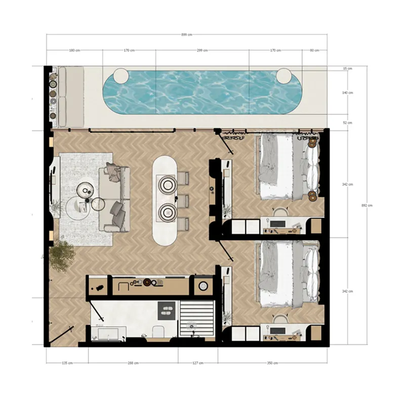 Coco Hills 2 bed floor plan, 861 sqft