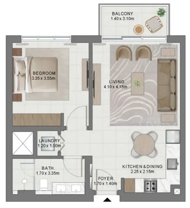 Golf Hills 1 bed floor plan, 675 sqft