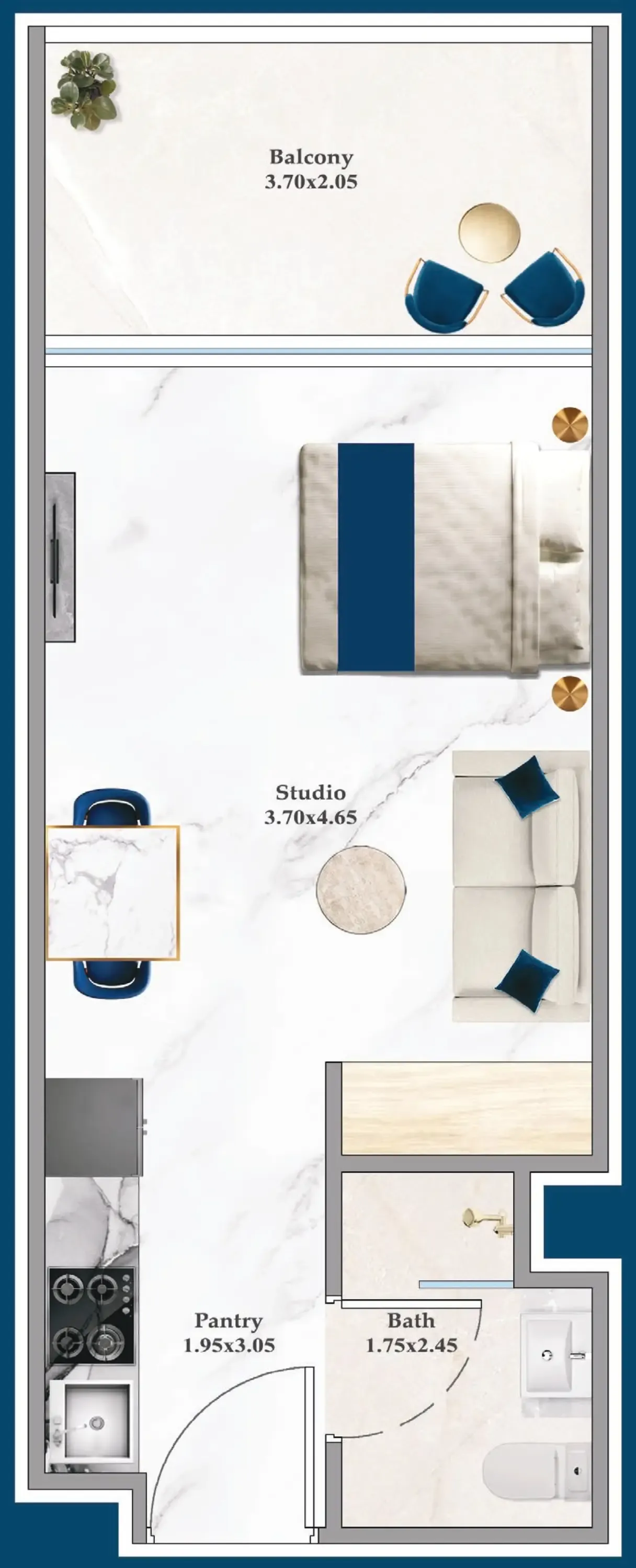 Serenz Studio floor plan, 381 – 401 sqft