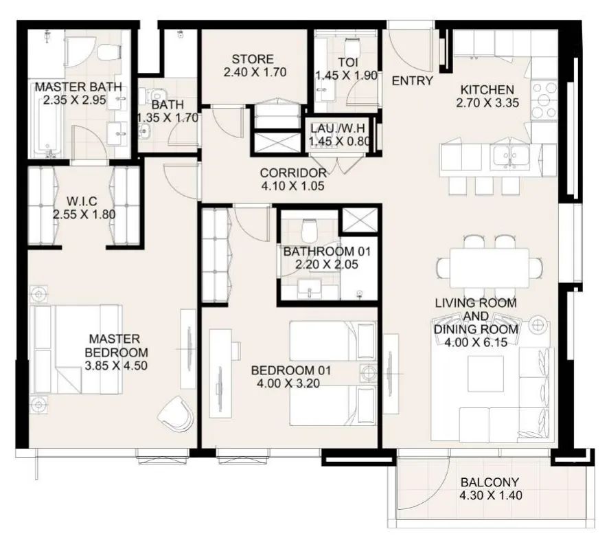Canal Front Residences 3 and 4 2 bed floor plan, 1,348 sqft