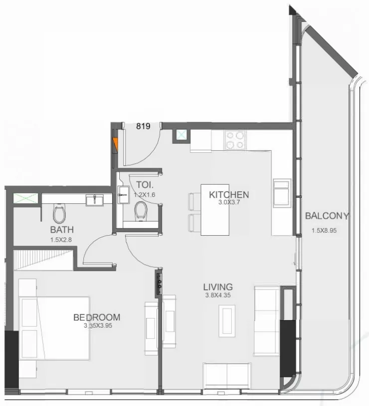 Floarea Oasis 1 bed floor plan, 762 sqft