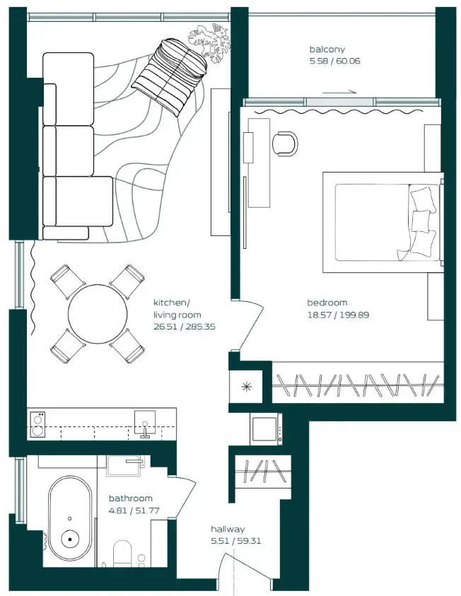 Vibe 1 bed floor plan, 733 sqft