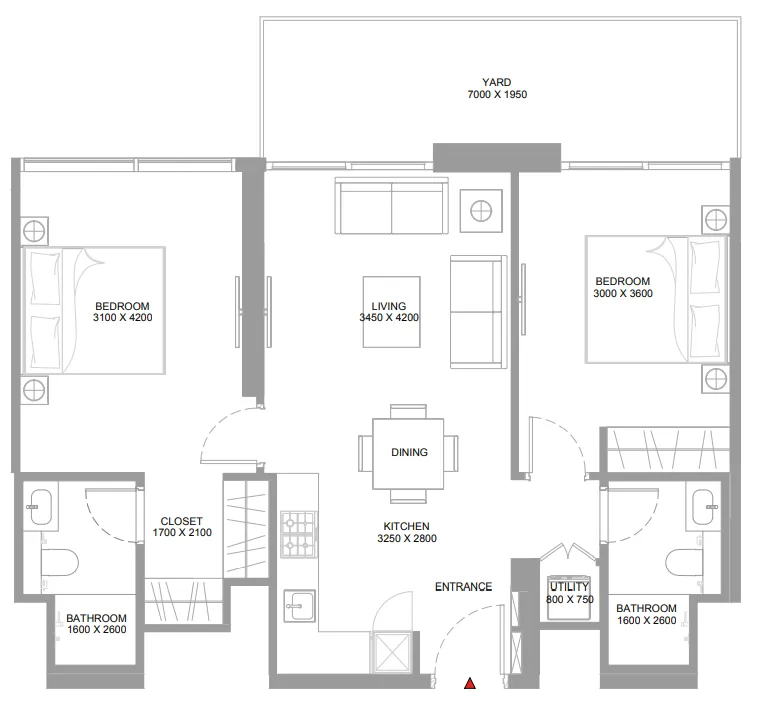 Starline Beach Residences 2 bed floor plan, 928 sqft