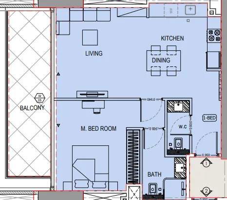 Binghatti Apex 1 bed floor plan, 832 sqft