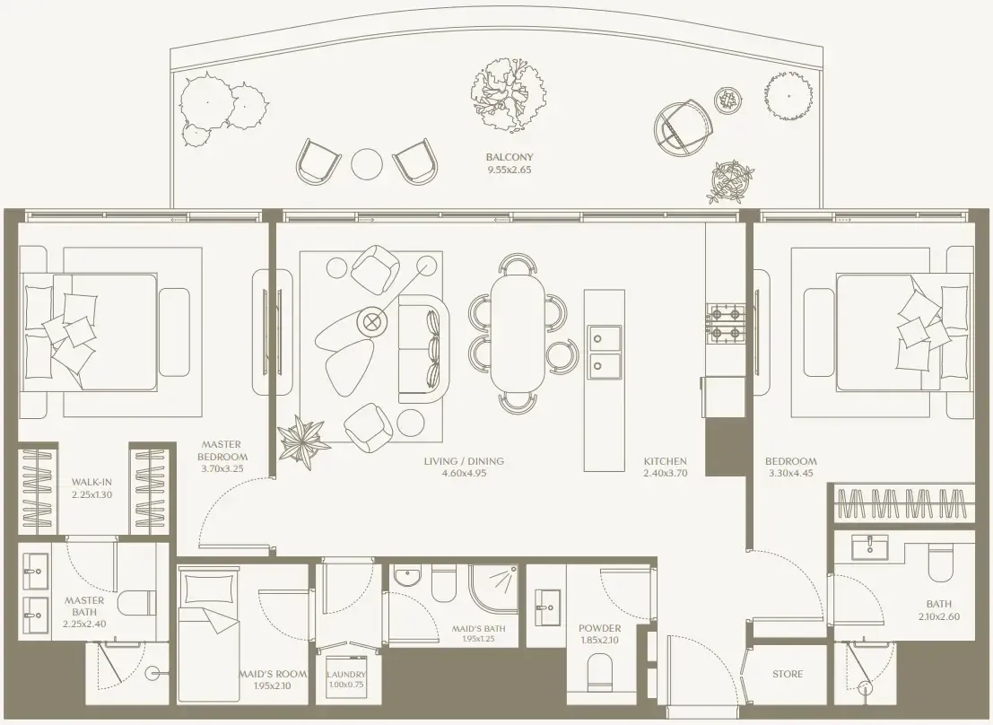 AYA Beachfront Residences 2 bed floor plan, 1,345 sqft