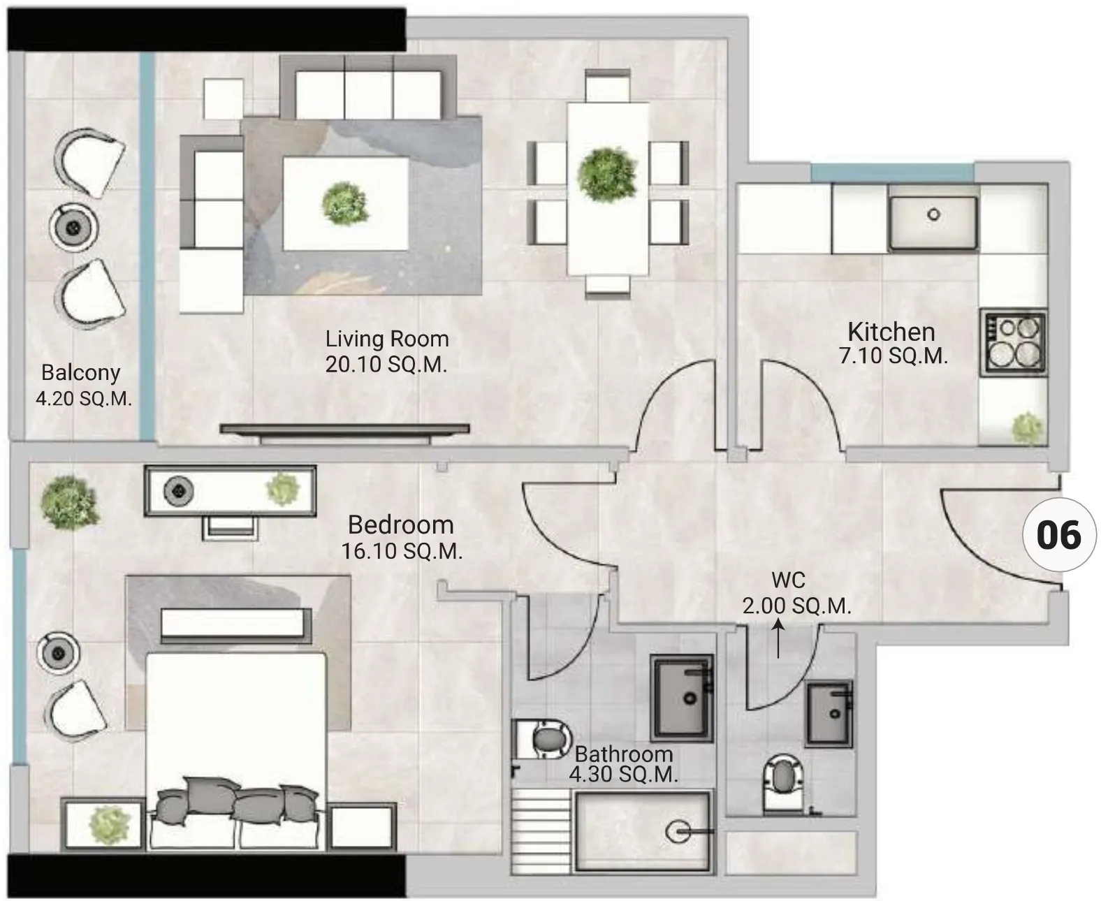 Oasis Tower 3 1 bed floor plan, 995 – 996 sqft