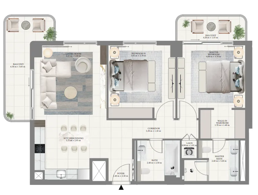 Pier Point 2 bed floor plan, 1,285 sqft