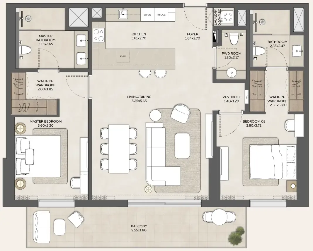 Expo Valley Views - Ghadeer 2 bed floor plan, 1,338 – 1,360 sqft