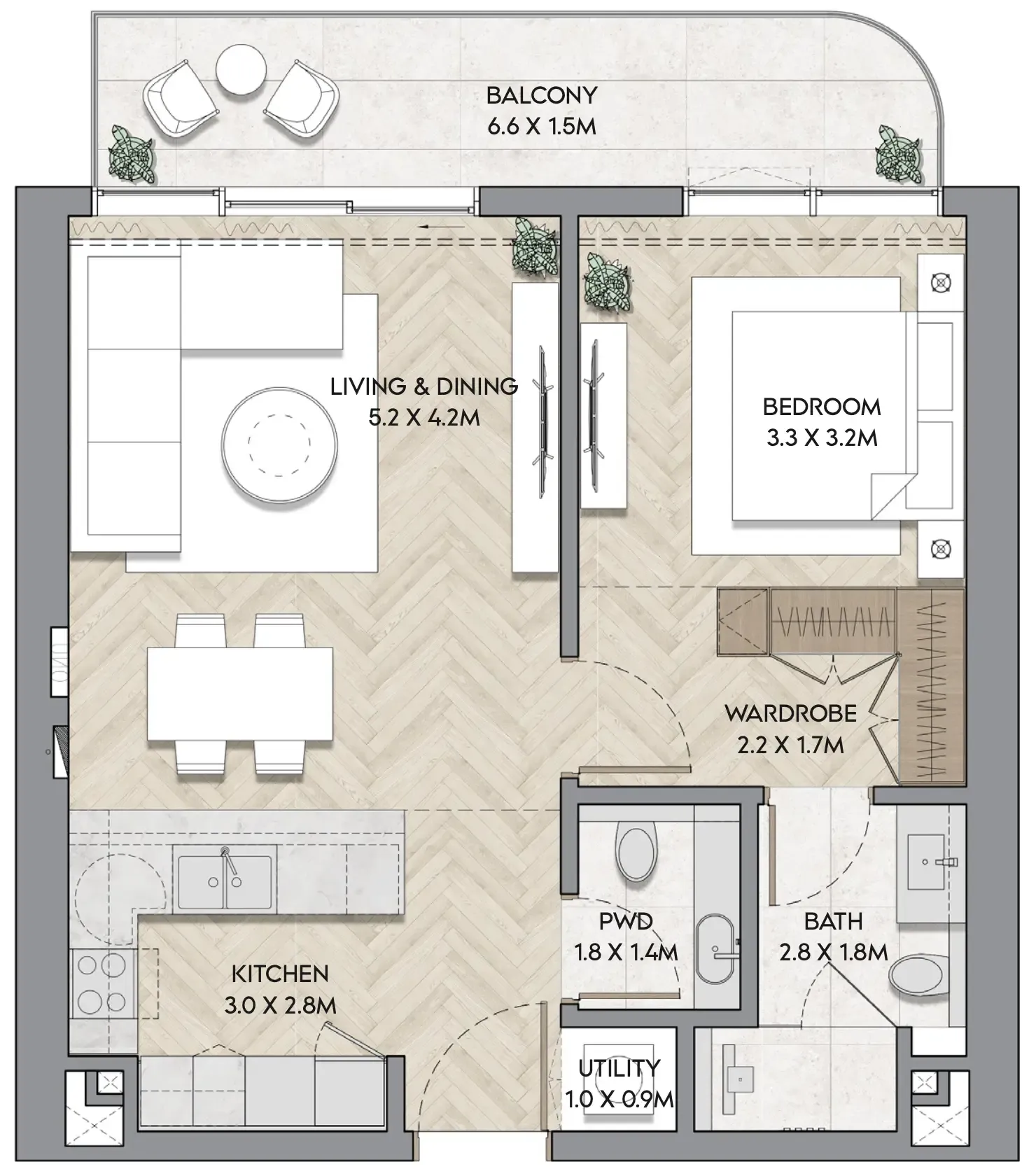 Nura 1 bed floor plan, 806 sqft