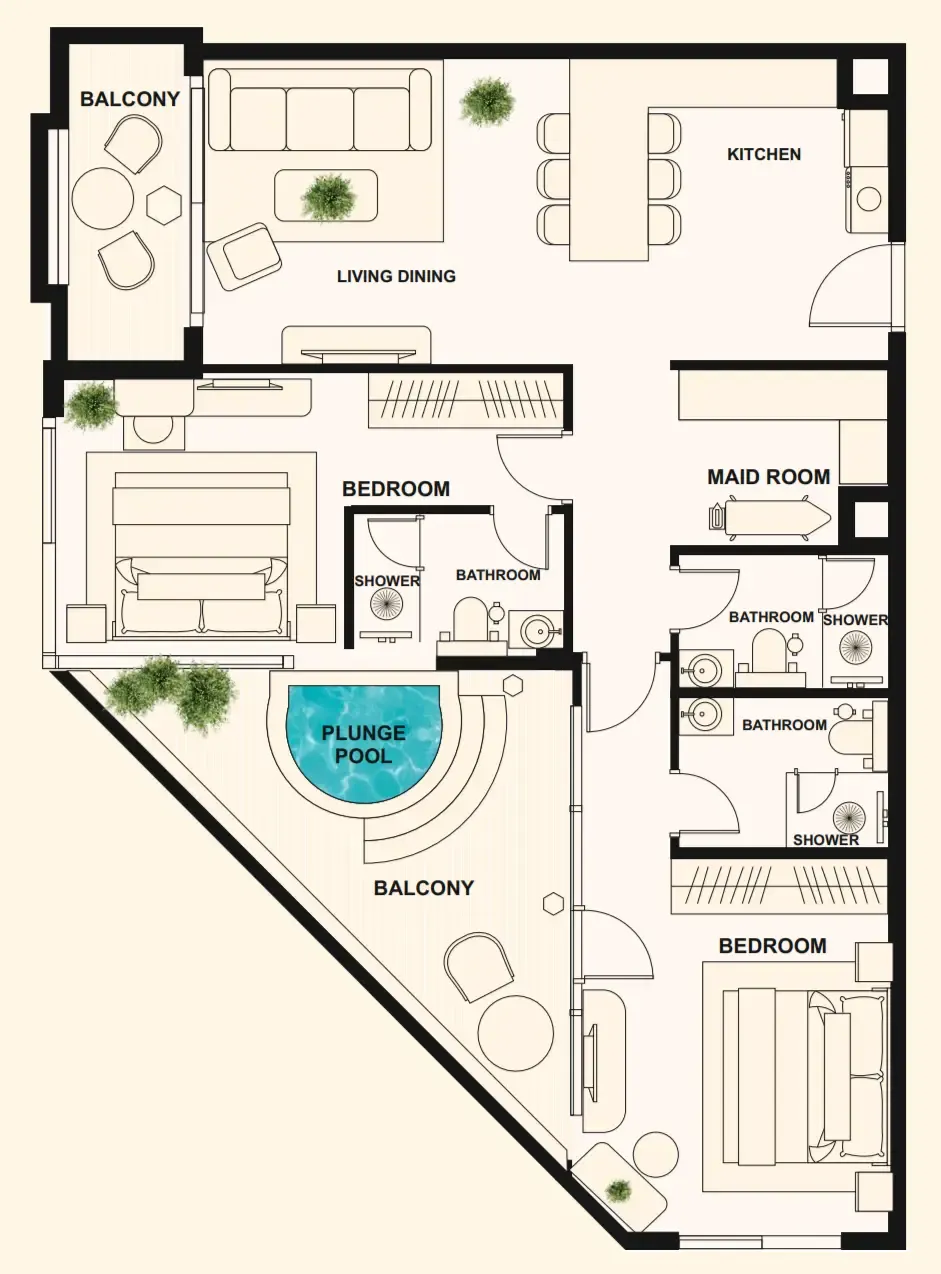 The Elysian 2 bed floor plan, 1,302 sqft