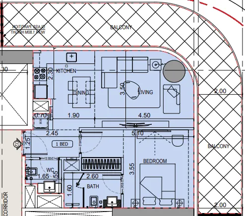 Binghatti Flare 1 bed floor plan, 969 sqft