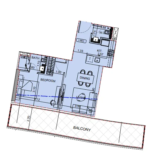 Binghatti Aquarise 1 bed floor plan, 975 sqft