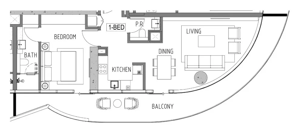 Volta 1 bed floor plan, 1,011 sqft