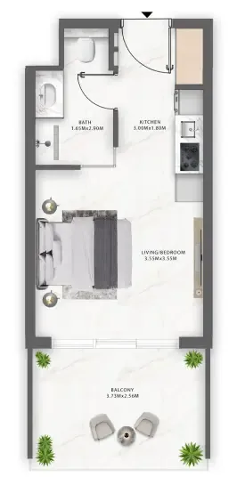 One Central Studio floor plan, 346 – 355 sqft