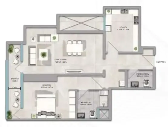 Amwaj Tower 1 bed floor plan, 1,344 sqft