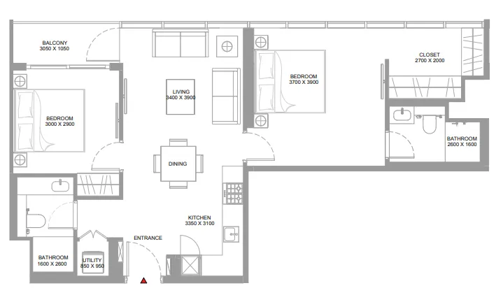 Pierside Marina Residences 2 bed floor plan, 846 sqft