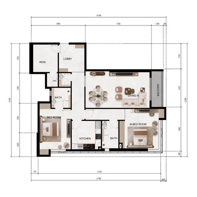 Lily Tower 2 bed floor plan, 1,421 sqft