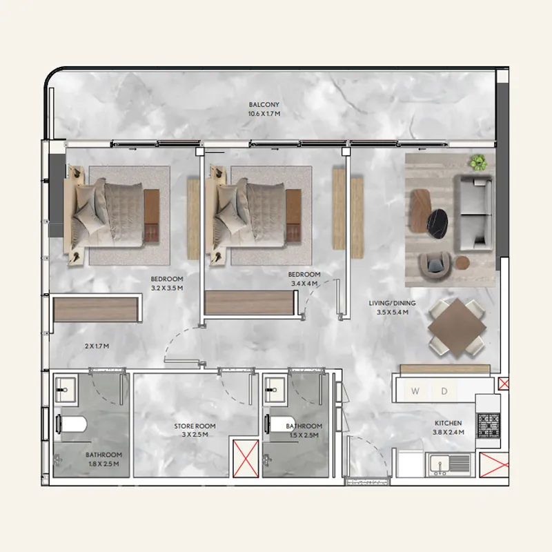 California Residences 2 bed floor plan, 1,144 – 1,159 sqft