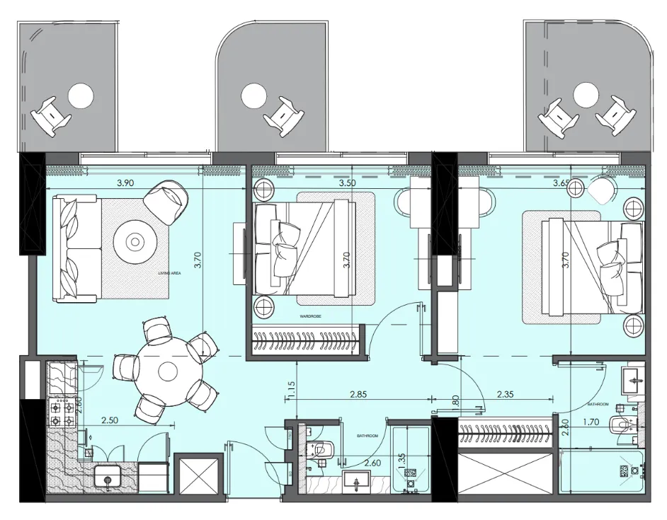 Azizi Wasel 2 bed floor plan, 980 sqft