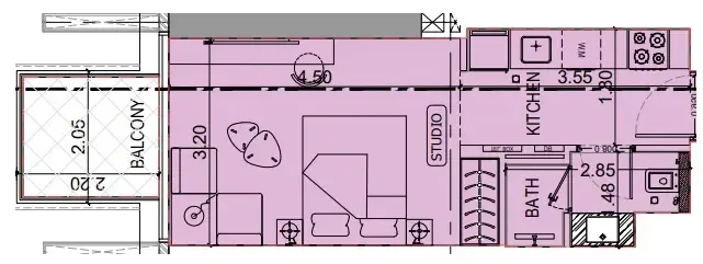Binghatti Luxuria Studio floor plan, 338 sqft