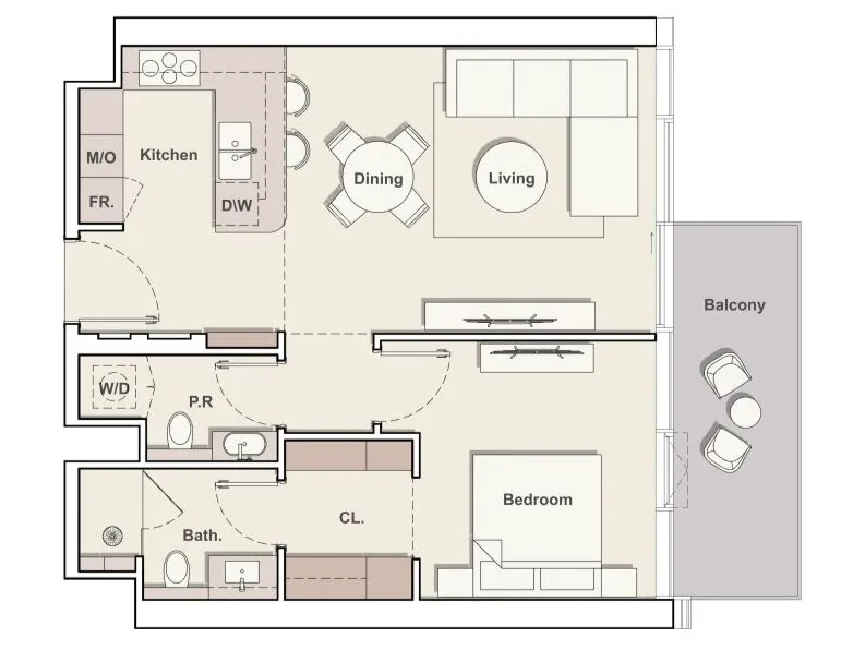 The Meriva Collection 1 bed floor plan, 830 sqft