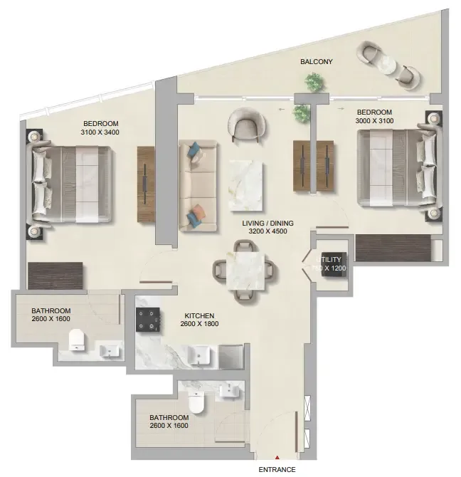 The Tranquil at Sobha Central 2 bed floor plan, 853 sqft