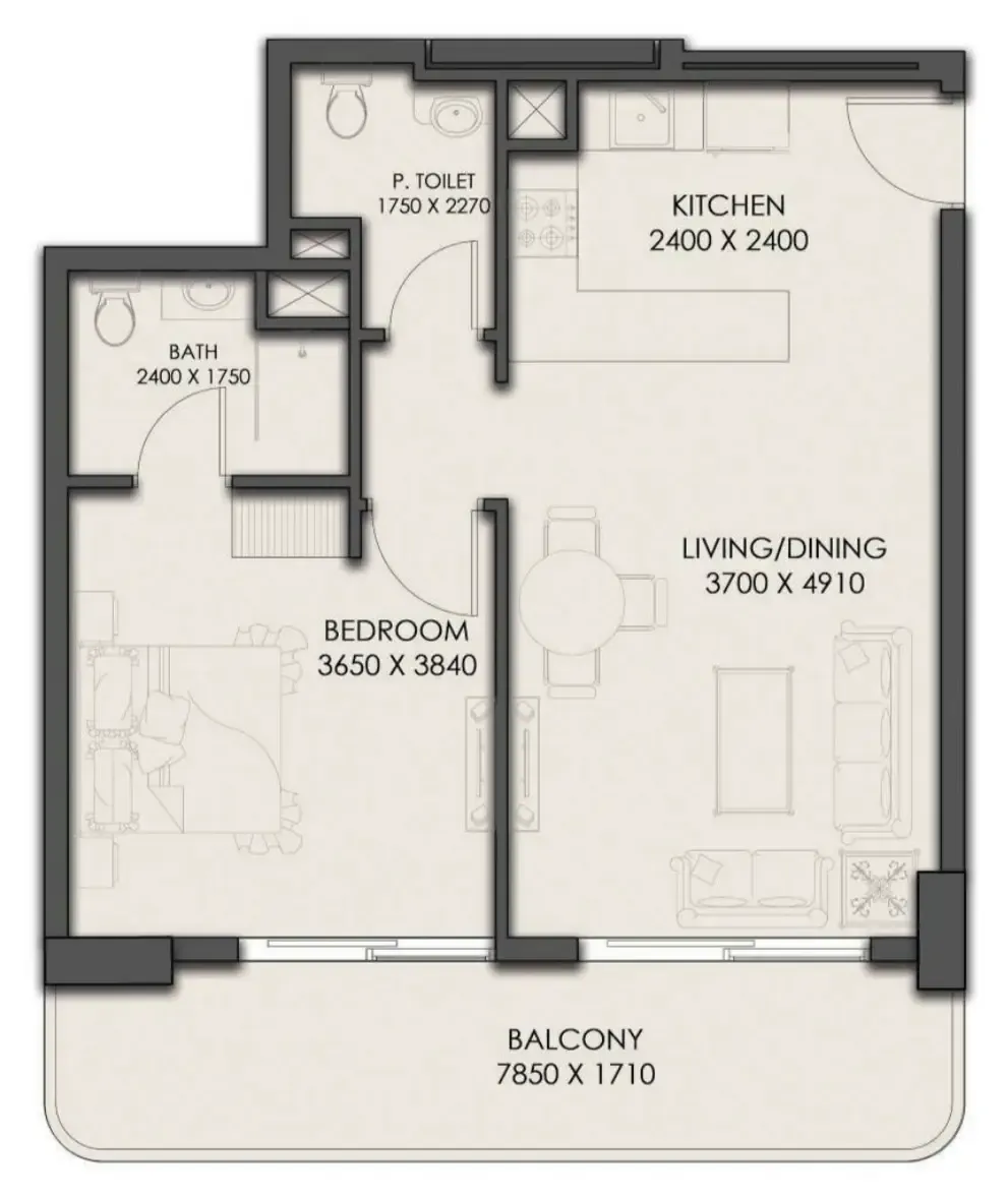 Park Residency 1 bed floor plan, 722 sqft