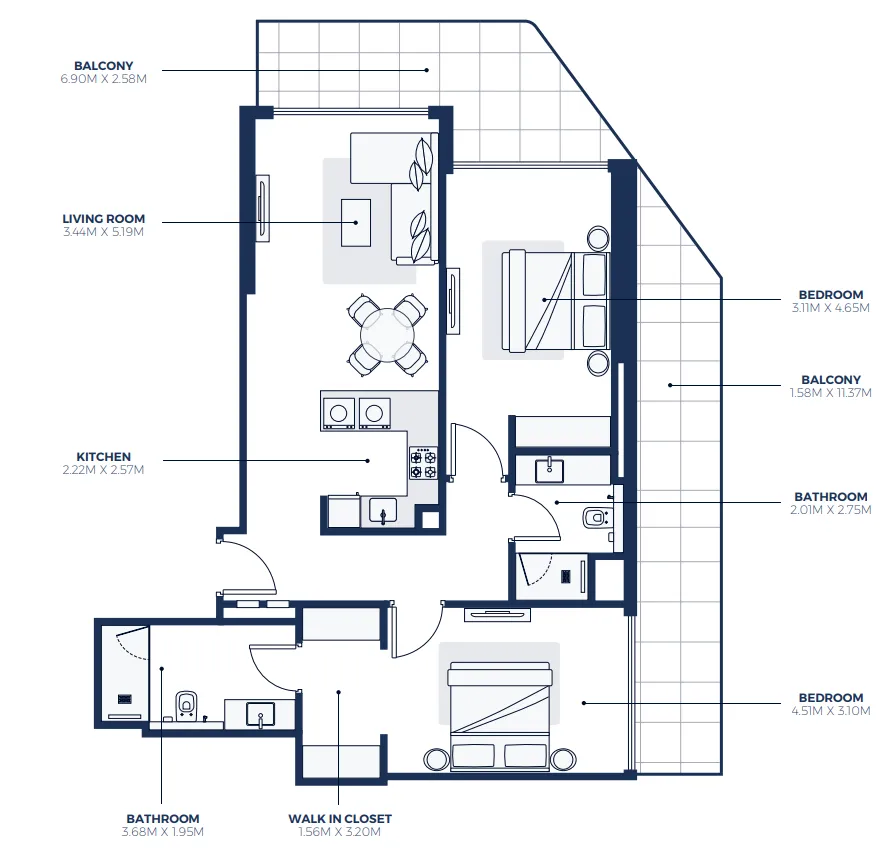 Creek Views 3 2 bed floor plan, 1,325 sqft