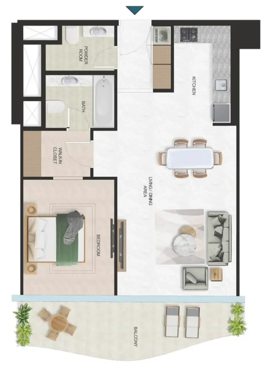 Oystra 1 bed floor plan, 987 sqft
