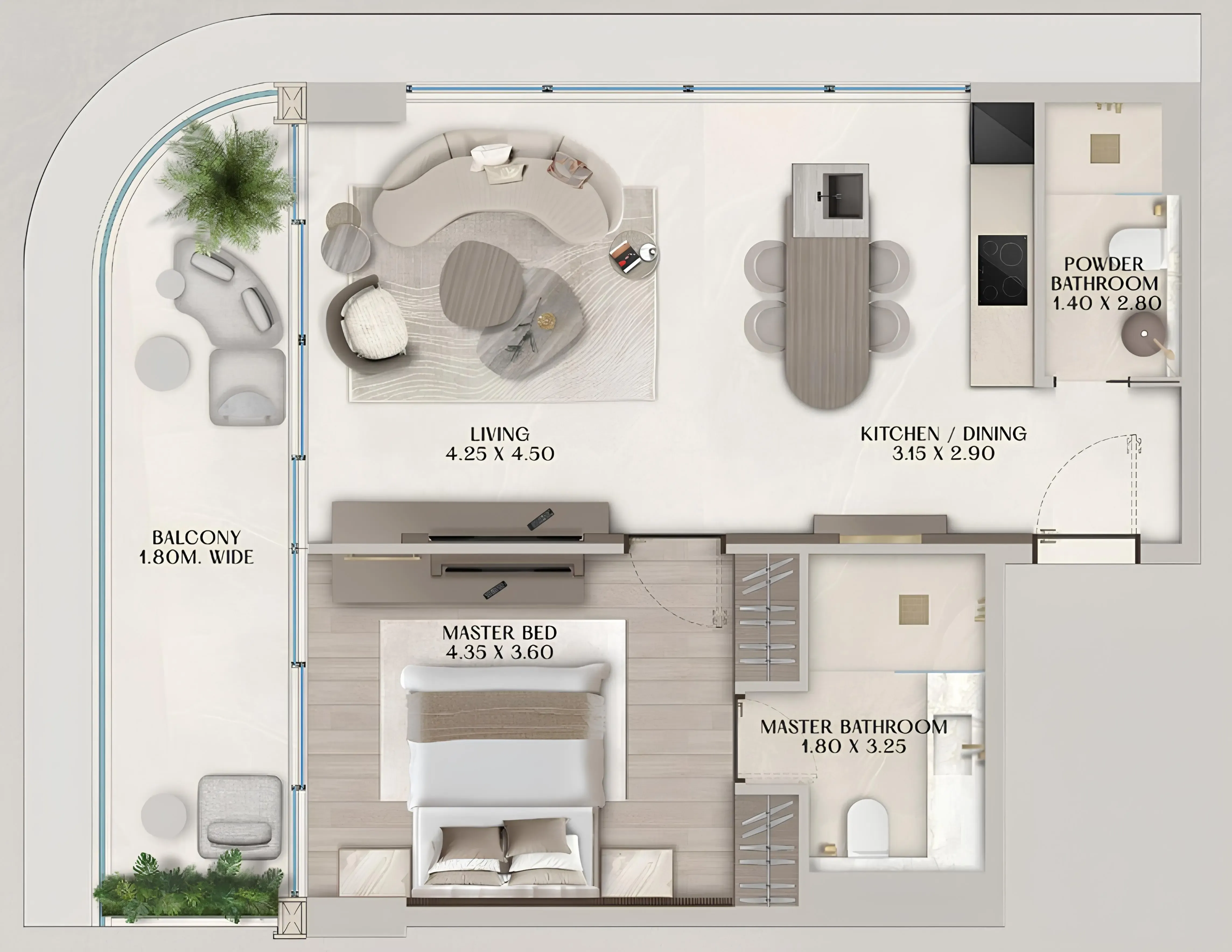 Soléva Beach Residences 1 bed floor plan, 907 sqft
