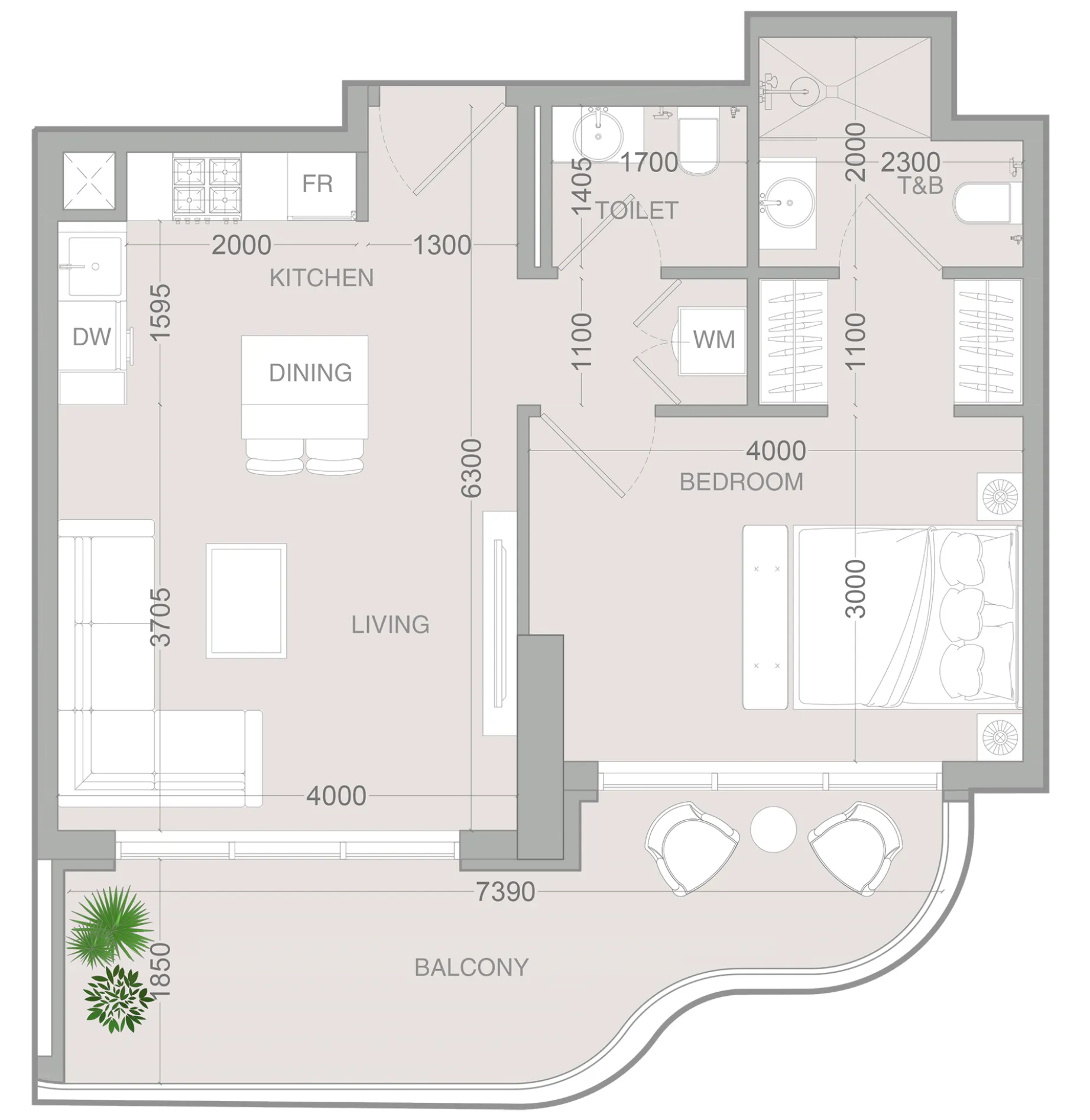 ALTA V1EW 1 bed floor plan, 725 sqft
