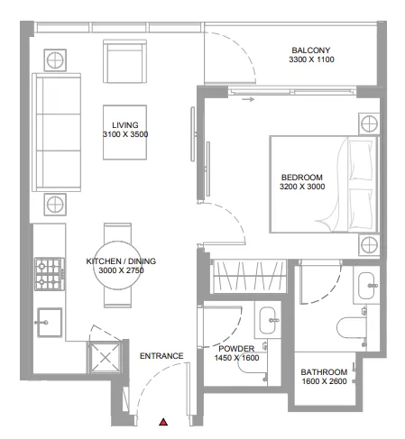 Canalside Marina Residences 1 bed floor plan, 511 – 513 sqft