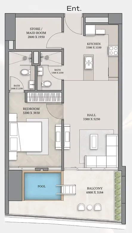 Empire Gardens 1 bed floor plan, 885 sqft