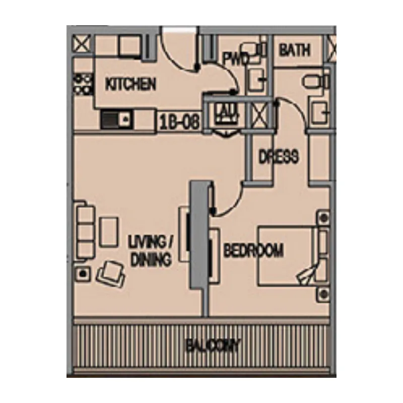 Jade Tower 1 bed floor plan, 744 sqft