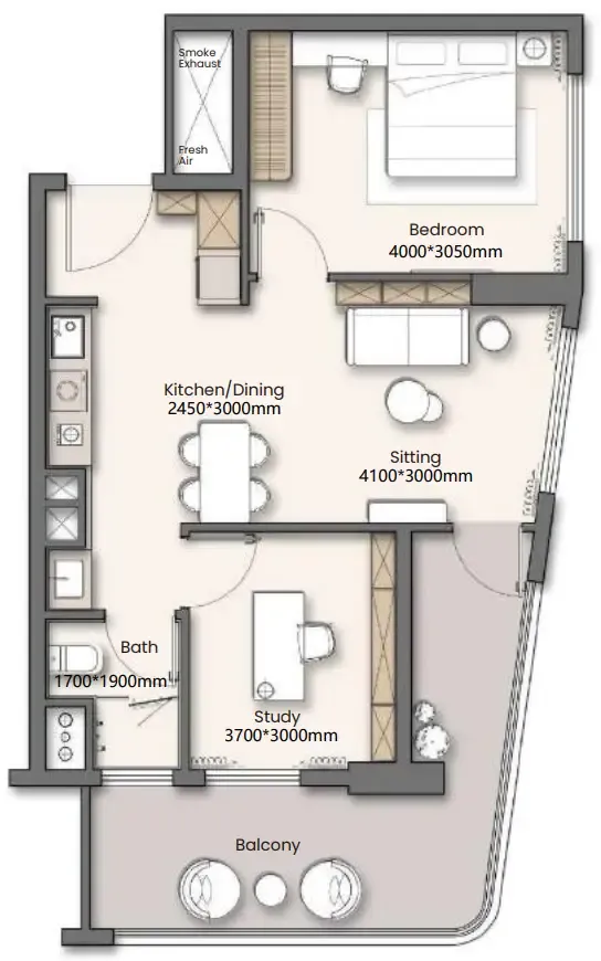Yigo 26 1 bed floor plan, 698 – 701 sqft