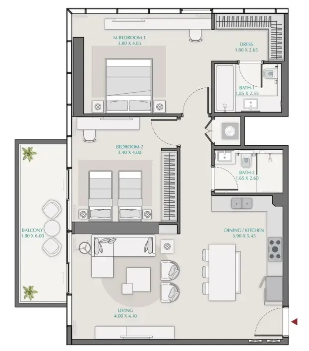 Avenue Park Towers 1 at Wasl 1 2 bed floor plan, 1,219 sqft