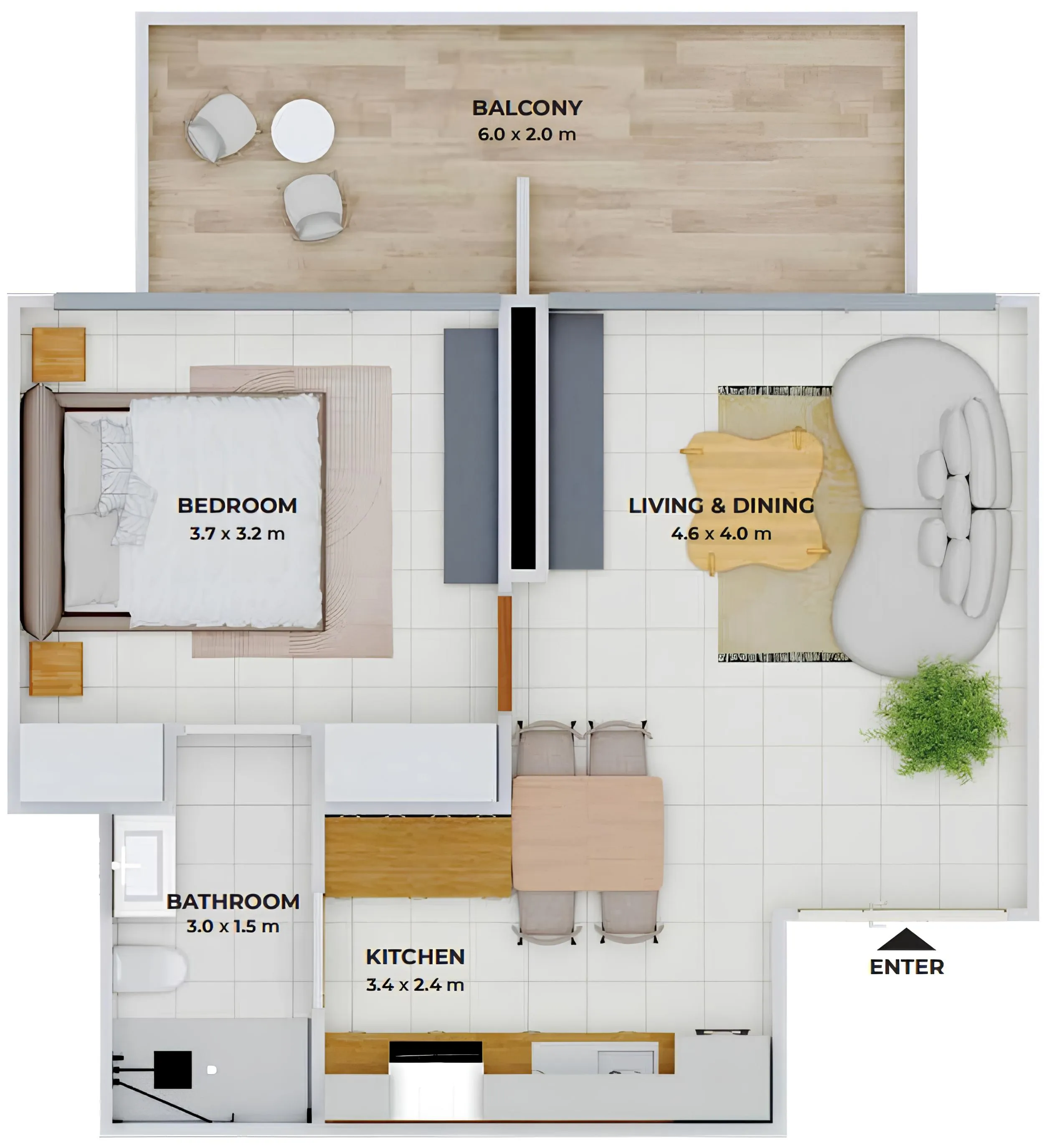 Treppan Tower 1 bed floor plan, 639 – 643 sqft