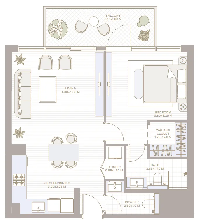 Park Five 1 bed floor plan, 802 sqft