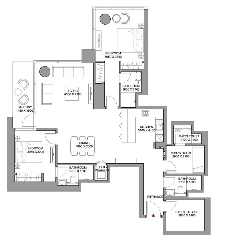 Skyscape 2 bed floor plan, 1,552 – 1,555 sqft