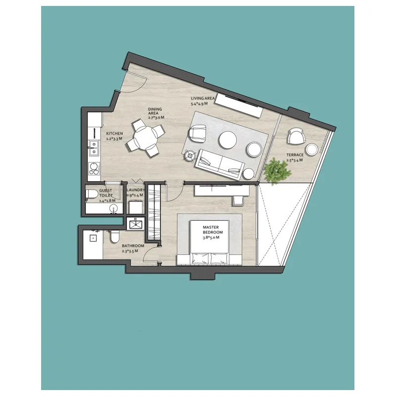 Vistal by Victoria Swarovski 1 bed floor plan, 822 sqft