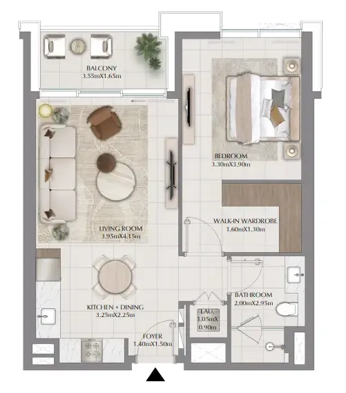 Terra Gardens 1 bed floor plan, 760 sqft