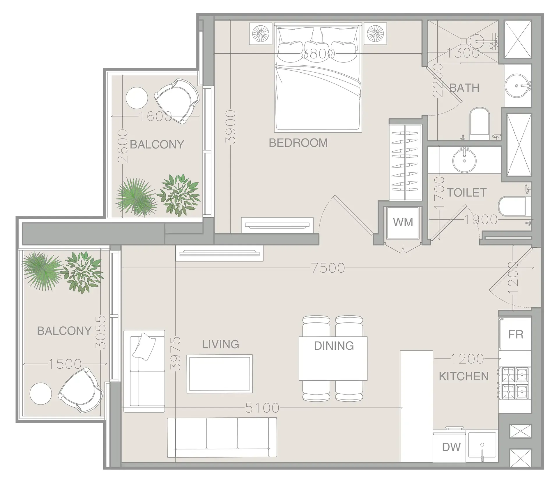 ELAR1S Rise 1 bed floor plan, 712 sqft