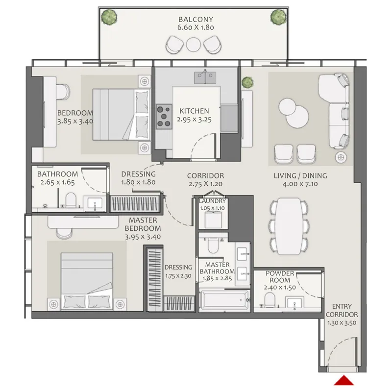Avenue Park Towers 2 at Wasl 1 2 bed floor plan, 1,301 – 1,302 sqft