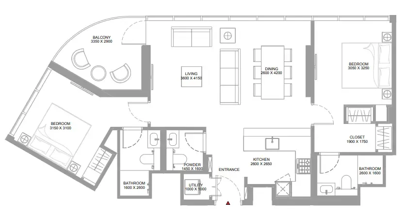 Pearlside Marina Residences 2 bed floor plan, 1,021 sqft