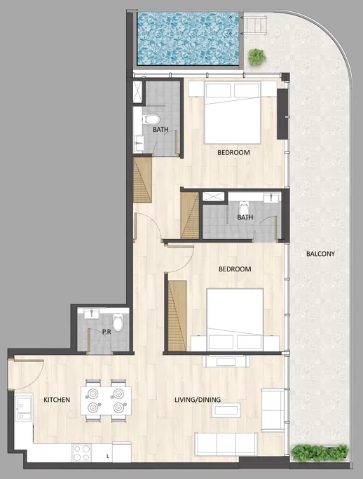 Barari Palace 2 bed floor plan, 1,249 – 1,267 sqft