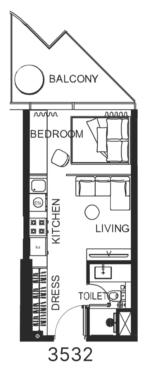 The WOW Tower Studio floor plan, 376 sqft
