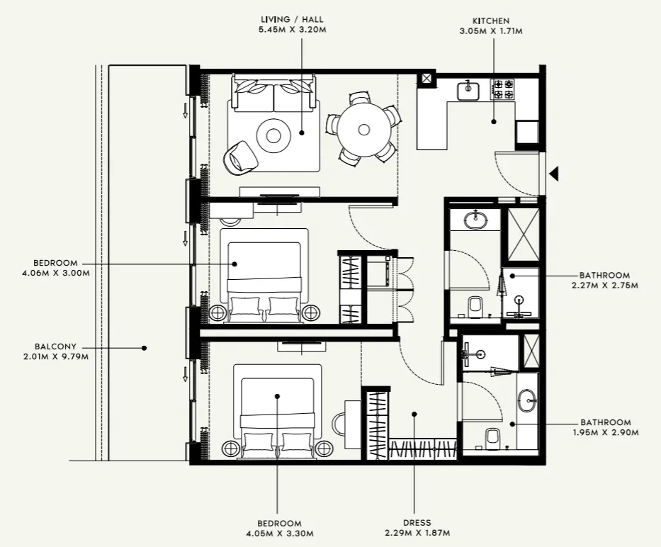Azizi Venice 2 bed floor plan, 1,151 sqft