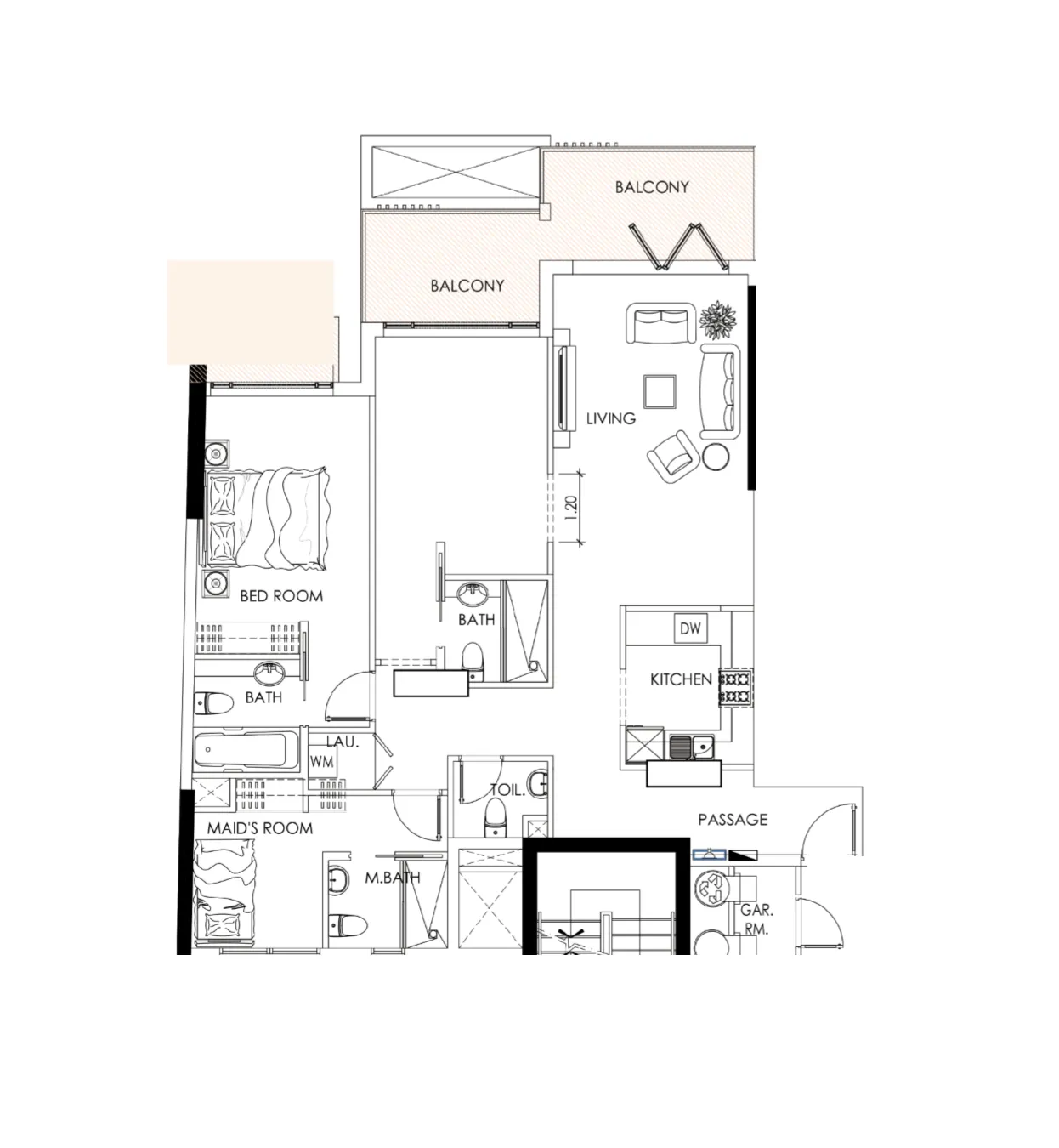 Alef Noon Residence 2 bed floor plan, 1,323 – 1,395 sqft