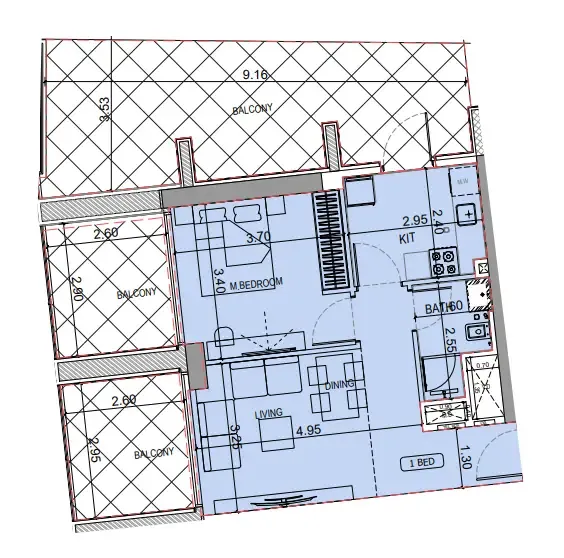 Binghatti Elite 1 bed floor plan, 1,062 sqft