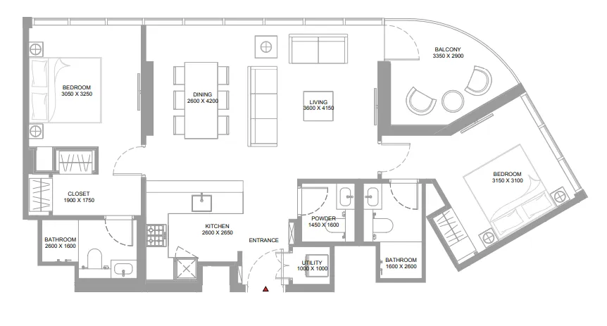 Pearlside Marina Residences 2 bed floor plan, 1,021 sqft